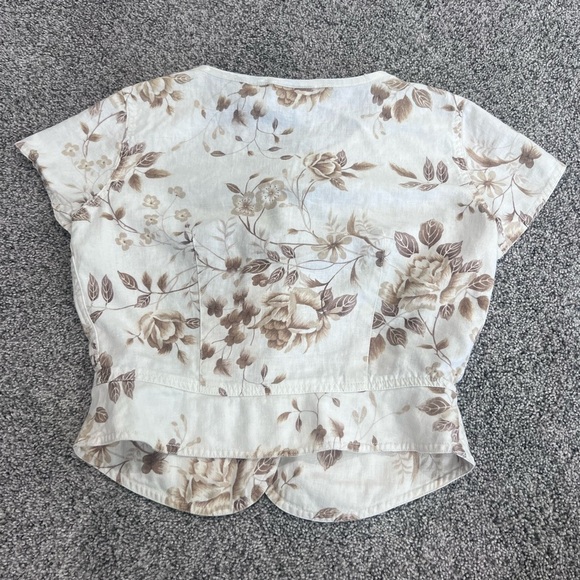 Liz Claiborne Ivory Brown Floral Linen Rayon Crop Top Botton Close Women’s US 4 - Picture 6 of 6